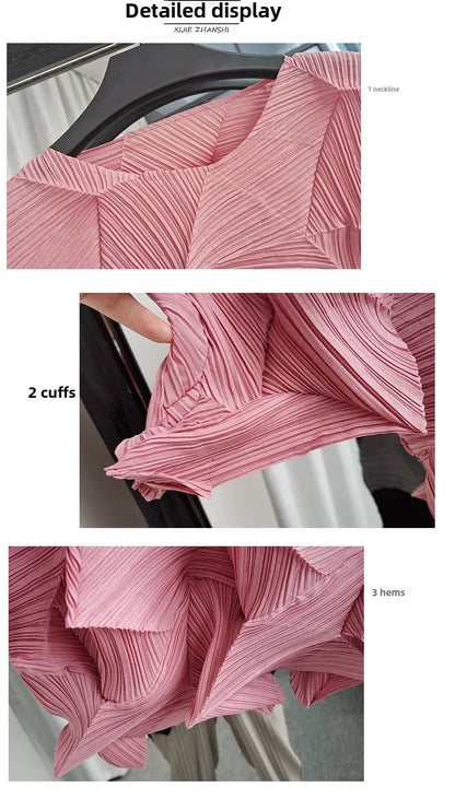 Diamond Pleated Top 8161 Artistic Raglan Sleeve Crew Neck T-Shirt  Spring Summer Fashionable Pleated Des