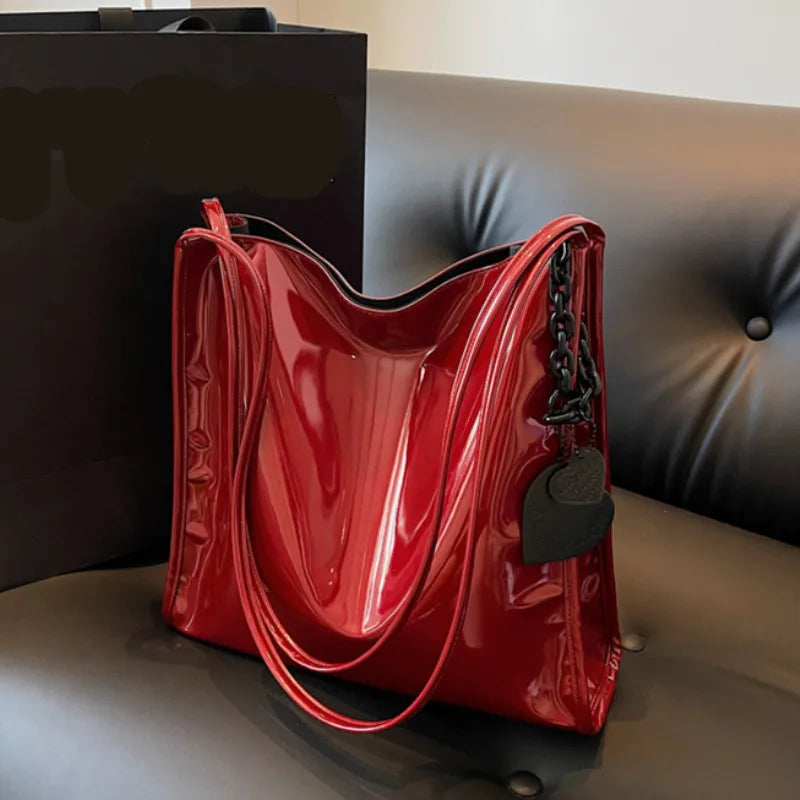 Purse Casual Travel Shopping Totes Solid Color Patent Leather Women Fashion Shoulder Bag Ladies Simple Luxury Handbag