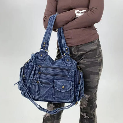 Y2K Street Personalized Women's Multi Pocket Shoulder Bag Large Capacity Retro Motorcycle Tote Bag