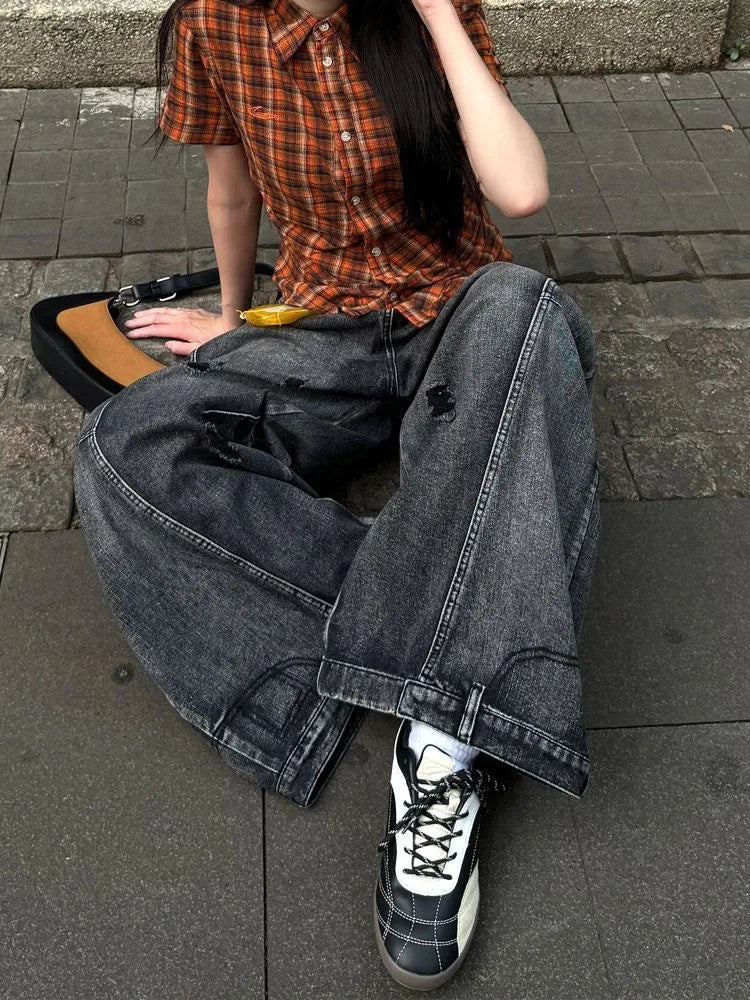 Black Jeans Women Vintage High Waisted Cargo Jeans Straight Summer Casual Loose Big Size Wide Leg Denim Baggy Pants Y2K