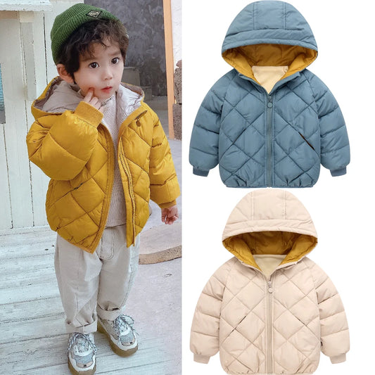 Boys Girls Warm Jacket Autumn Winter New Solid Color Lining Plush Thick Hooded Zipper Coats For 3-8Y Kids Cotton Down Outerwer