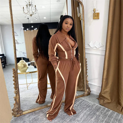 Doyerl Striped Casual Two Piece Set Woman Tracksuit Sports Joggers Zip Long Sleeve Jacket and Sweatpants Matching Sets Outfits