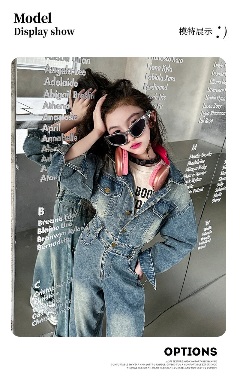 2025 Spring teen Kids girl Denim Jumpsuits Long Sleeve Overalls Children Fashion Jeans Loose Trousers Korean junior Girls Outfit