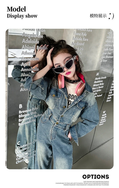 2025 Spring teen Kids girl Denim Jumpsuits Long Sleeve Overalls Children Fashion Jeans Loose Trousers Korean junior Girls Outfit