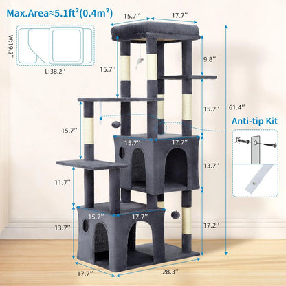 61" Heavy-Duty Multi-Level Cat Tree For Large Cats Oversized Perch & Dual Condos Natural Sisal Posts For Maine Coon