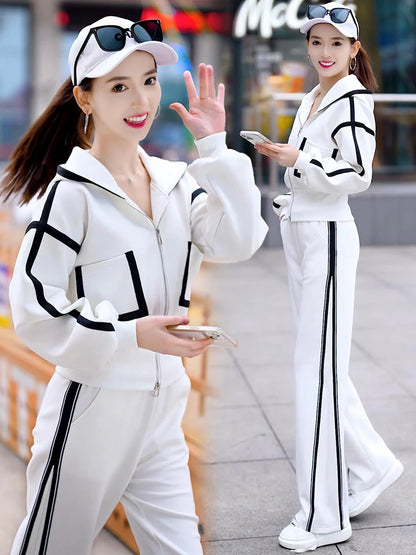 Women's Fashion Color Matching Zipper Cardigan Jacket + Wide-leg Pants Sports Casual Loose Two Piece Set