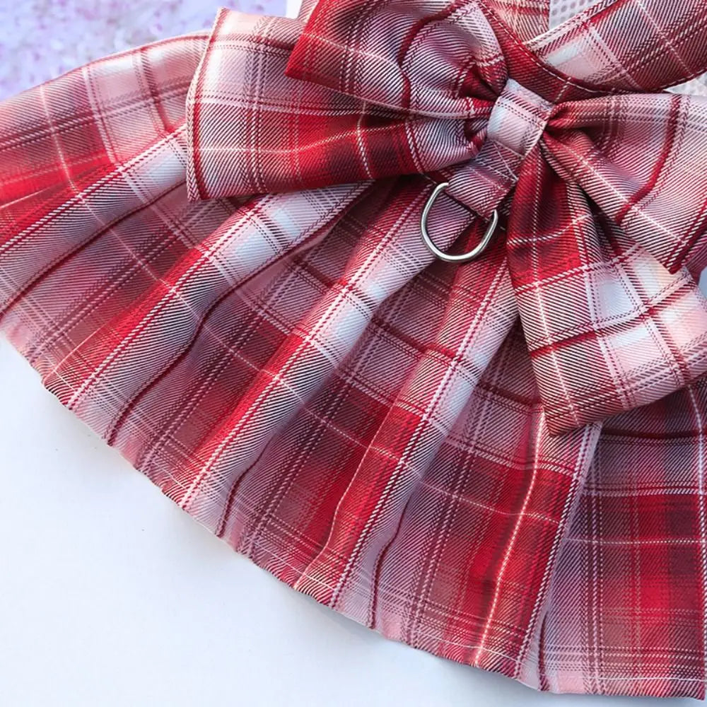 Reusable with Leash Traction Dog Plaid JK Dress Thin Dacron Pet Harness Skirt Adjustable Washable Dog Bow Skirt Rabbit