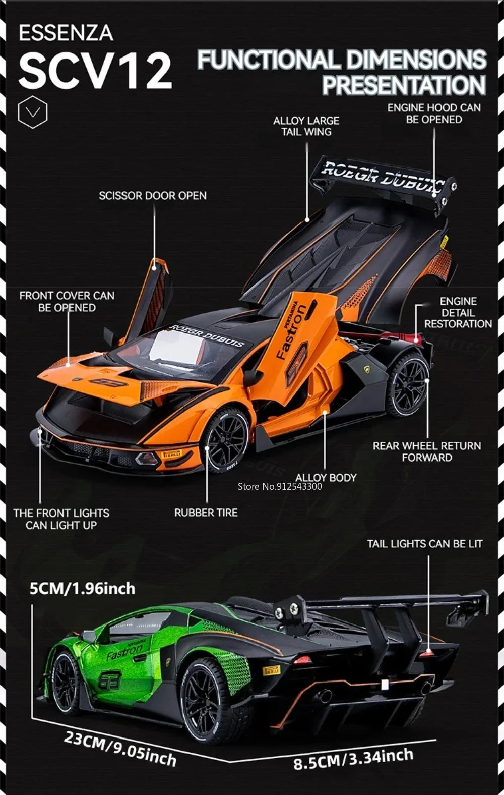Lambor SCV12 LP770- 1:24  Car Model Alloy Diecast Sound Light Pull Back Doors Opened Vehicle Models Toy