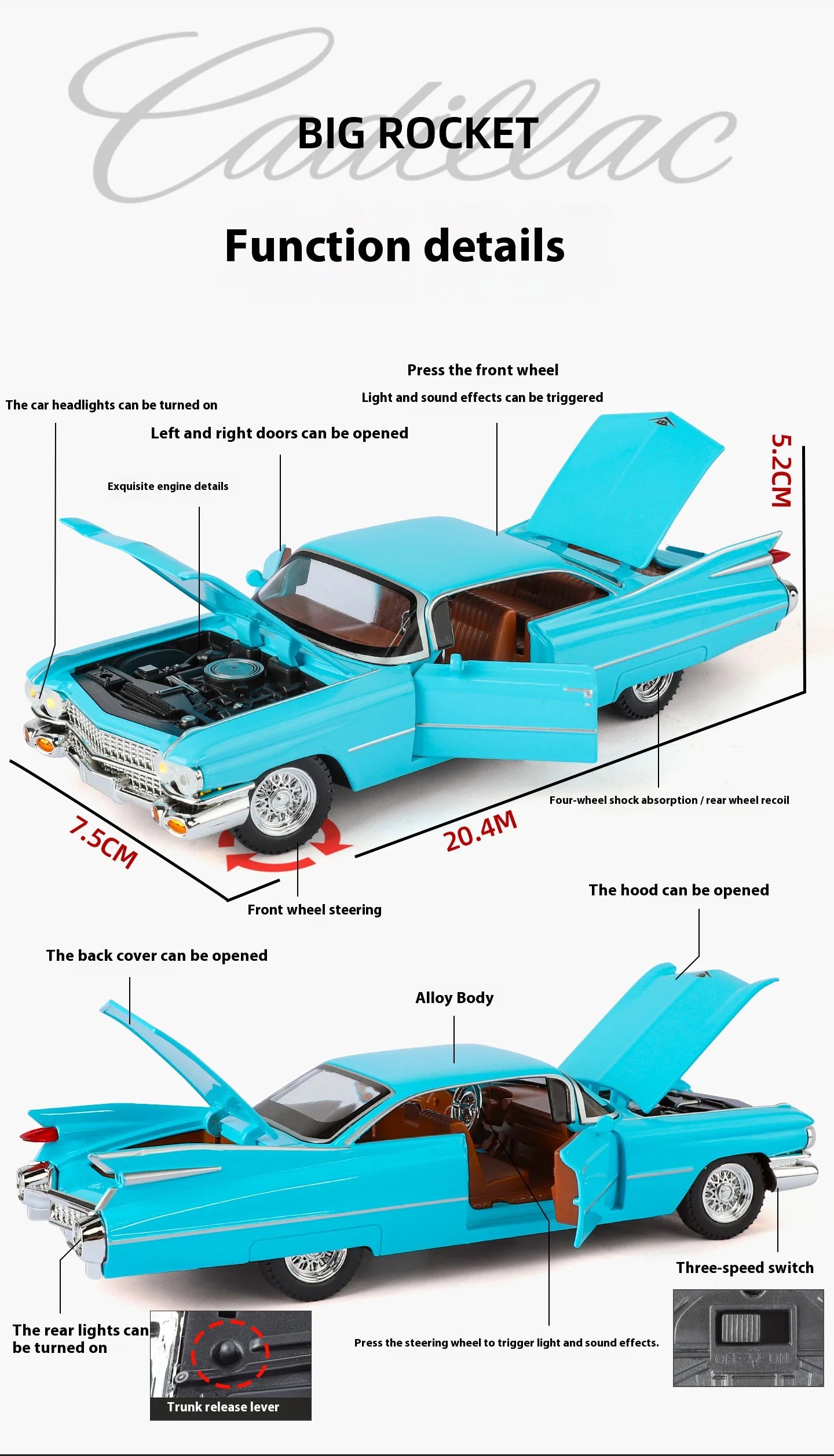 Cadillac Eldorado 1959 Metal Diecast Retro Car Model 1/24 Scale Sound and Light Back Pull Boy Gift Ornament Halloween Toys