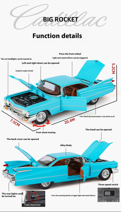 Cadillac Eldorado 1959 Metal Diecast Retro Car Model 1/24 Scale Sound and Light Back Pull Boy Gift Ornament Halloween Toys