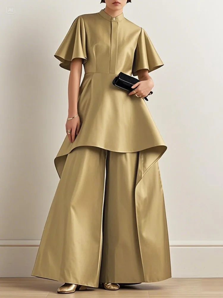 Freeacy Women's Extra-long Elegant T-shirt Luxury Gold Stand Collar Ruffled Sleeves High Waist Pleated Evening Wear Shirt Tops