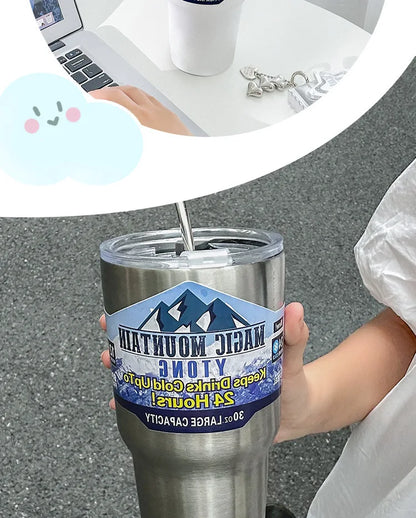 Magic Stainless Steel Freeze Thermos Cup with Straw Ice Coffee Drink Vacuum Insulated Bottle Car Travel Outdoor Mountain Cup