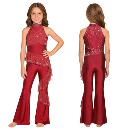 Kids Girls Figure Skating Jumpsuit Ballet Gymnastics Acrobatics Dance Leotard Sleeveless Shiny Rhinestones Ruffles Mesh Bodysuit