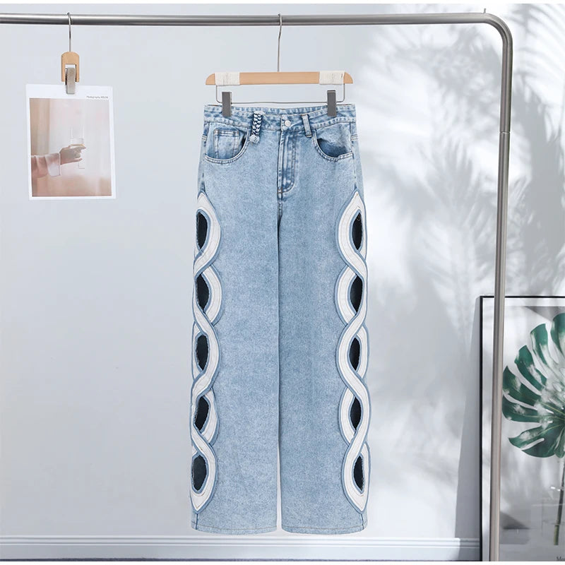 Y2k Vintage Women Jeans Hollow Out Solid Wide Leg Denim Pant Fashion All-match Lady Streetwear Summer Office Commute 2026