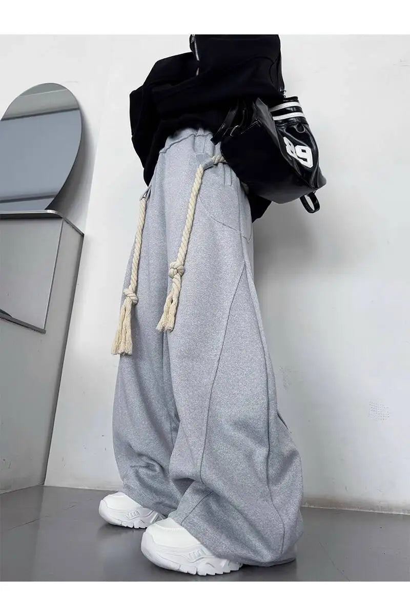 IEFB Handmade Thick Rope Design Men Women Casual Pants Solid Color Elastic Waist Sweatpants Wide Leg Male Curved Knife Trousers 9X654