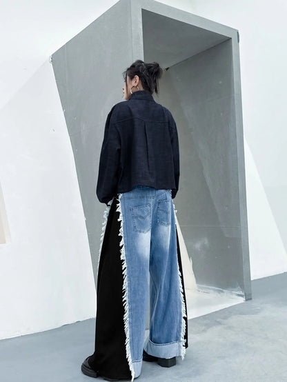 NYFS Europe United States Patchwork Loose plus Size Women's Jeans Elastic Waist Trousers Autumn Fashion Denim Wide-leg pants
