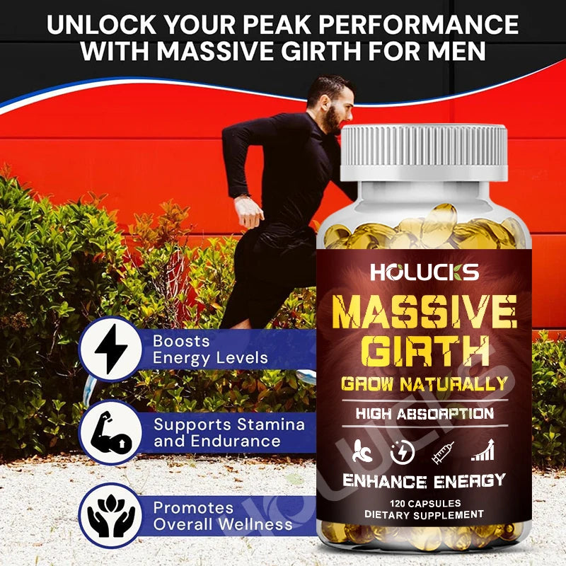 Massive Girth Supplement Capsules for Men, Testosterone Boost, Enhanced Size, Strength, Energy, Endurance, Immune Suppport