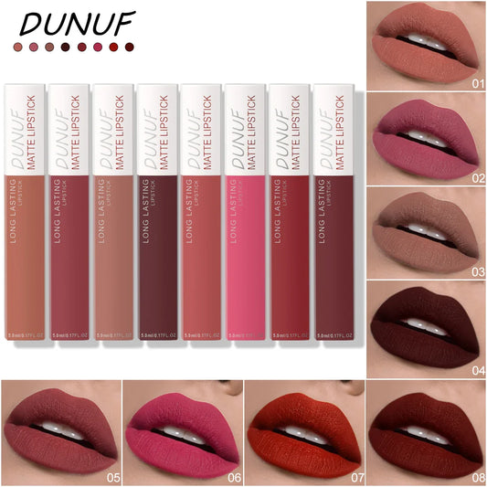 8pc/set Long-Lasting Lip Gloss Matte Waterproof Lipstick Lip Stain Non-transfer Highly Pigmented Nude Red Y2K Daily&Party Makeup
