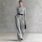 Striped Print Patchwork Woman Overalls Elegant High Neck Slim Top Pullover & Wide Leg Trousers Suit Winter Outfit Suit
