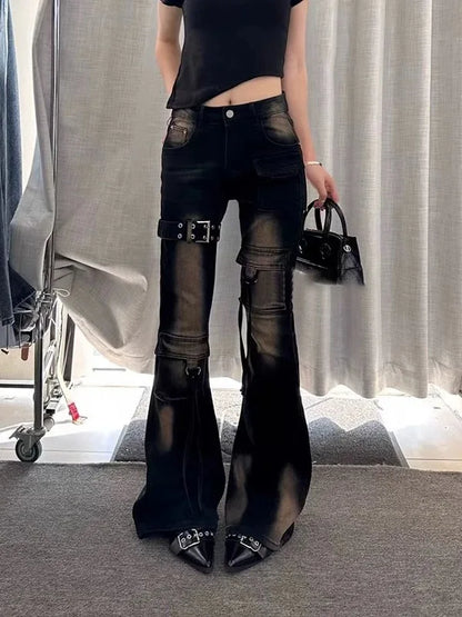 American High Street Spliced Cargo Jeans for Women Summer New Vintage Washed Design High Waist Slimming Flared Pants Women