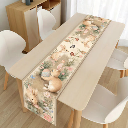 Easter Bunny Polyester Table Runner Happy Easter Decorations for Home Rabbit Butterfly Table Cloth Easter Party Supplies
