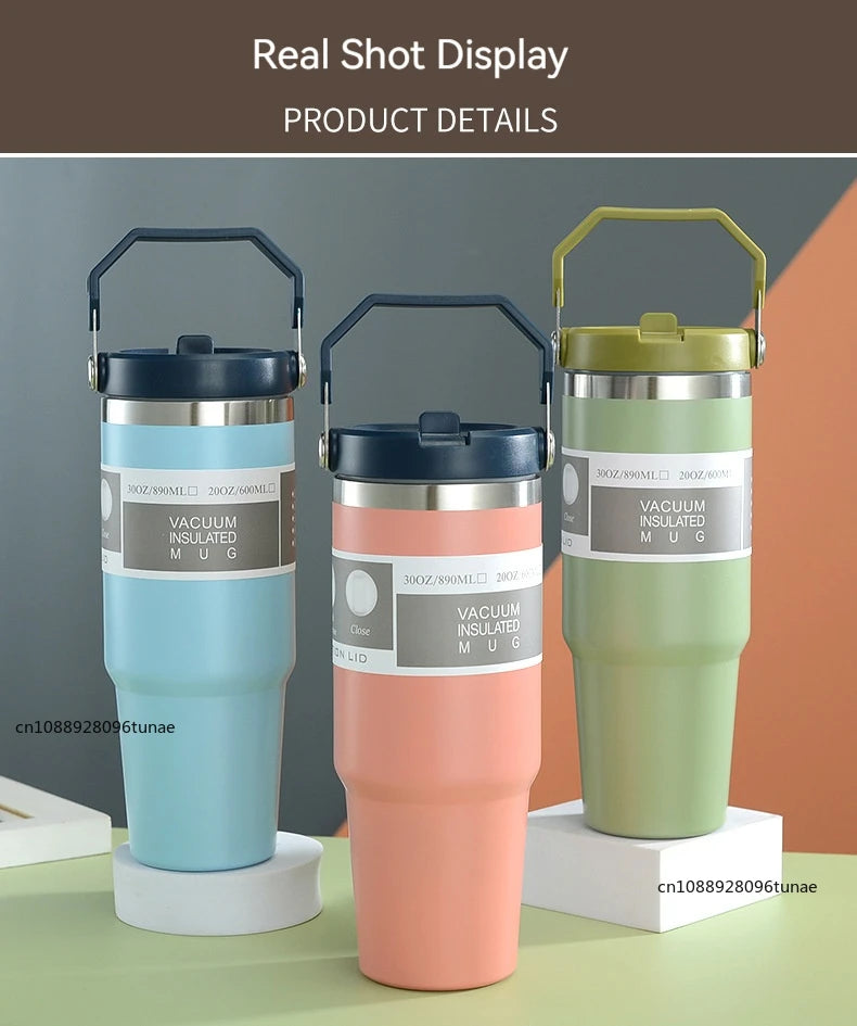 Thermal Water Bottle With Straw Outdoor Sport Coffee Cup Car Insulated Cup Tumbler Vacuum Flask Travel Thermal Mug 20oz/30oz