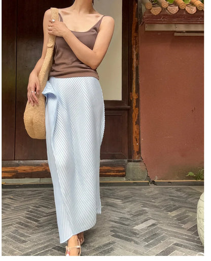 Miyake Pleated Women Set 2026 Summer New Solid Color Irregular Design T-shirt Loose Large Half Skirt Female Two Piece Set