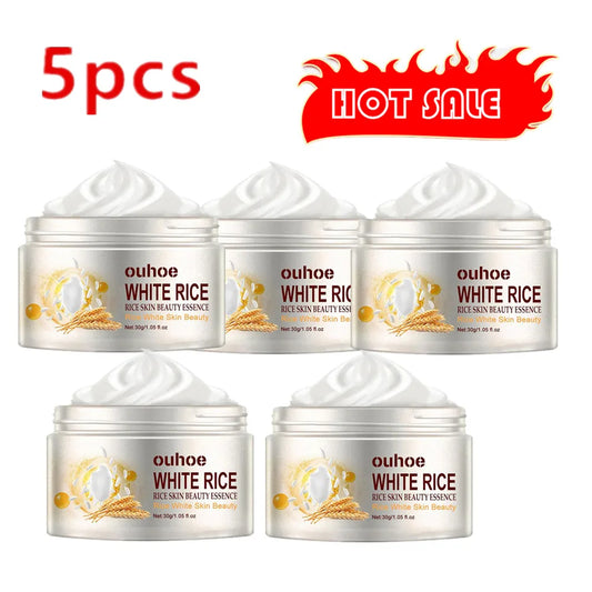 Five containers of ouhoe White Rice Skin Beauty Essence with a 'Hot Sale' banner above them on a white background.