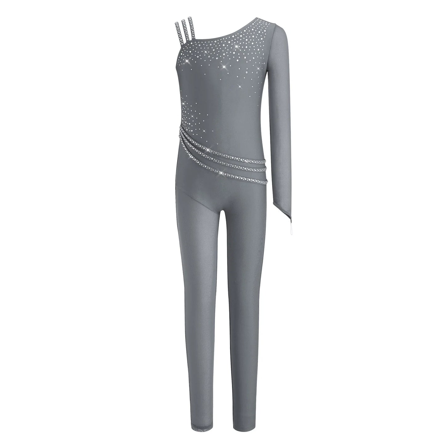 Kids Girls Ballet Dance Gymnastics Leotard Shiny Rhinestones Mesh Asymmetrical Jumpsuit for Figure Skating Acrobatic Performance