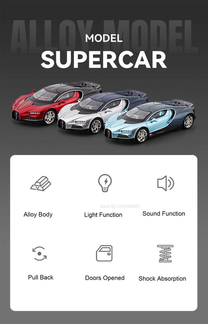 Bugatti Tourbillon, Nissan Skyline GTR, Model Sports 1:24 Car Alloy Diecast Sound Light Doors Opened Shock Absorption Ornament Supercar Toys Gift