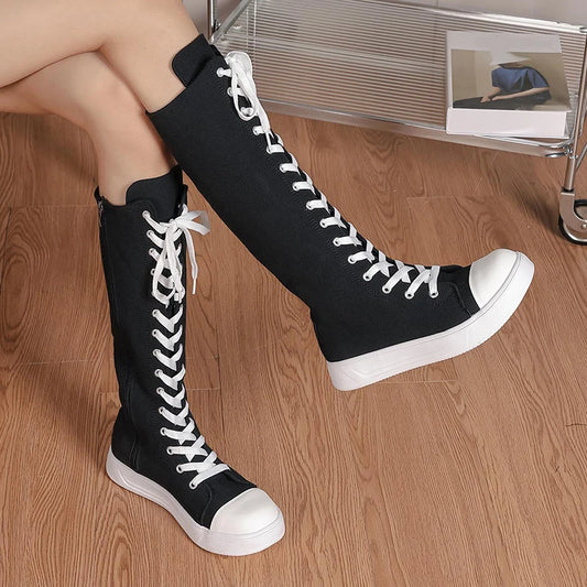 Canvas High Top Boots High Top Shoes Long Boot Lace-up Zipper Comfortable Canvas Sports Boots Flat Boot
