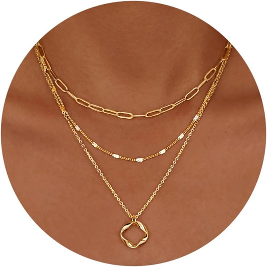 Gold Necklaces for Women Stackable14K Gold Silver Plated Circle Paperclip Chain Pendant Choker Necklace Set For Woman