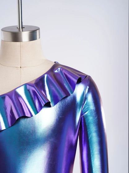 Kids Girls Metallic Shiny Ballet Dance Unitards Figure Skating Acrobatics Gymnastics Leotard One Shoulder Long Sleeve Jumpsuit