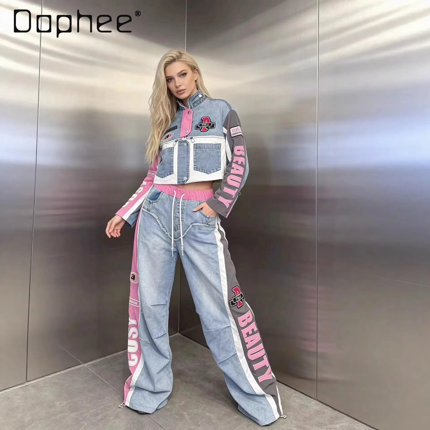 European Trend Suit Women 2026 Spring New Denim Splicing Letter Embroidered Long-sleeved Top Elastic Waist Trousers Casual Sets