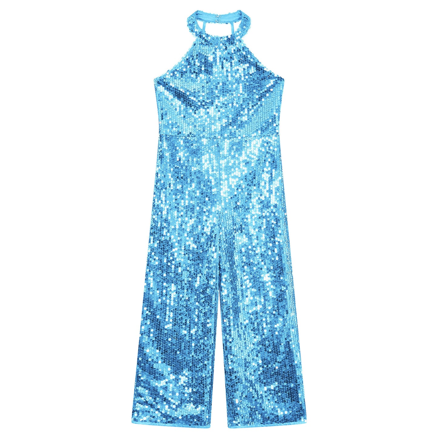 Kids Girls Jazz Dance Performance Jumpsuit Shiny Sequin Sleeveless Halter Romper Birthday Wedding Party Dancing Prom Bodysuit