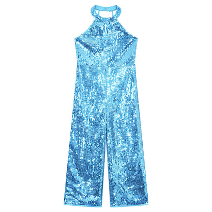 Kids Girls Jazz Dance Performance Jumpsuit Shiny Sequin Sleeveless Halter Romper Birthday Wedding Party Dancing Prom Bodysuit