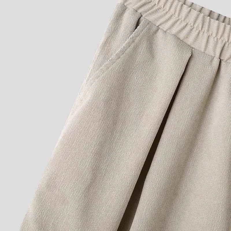 INCERUN Men Corduroy Pants Solid Color Loose Elastic Waist Streetwear Casual Wide Leg Trousers Men Long Pants