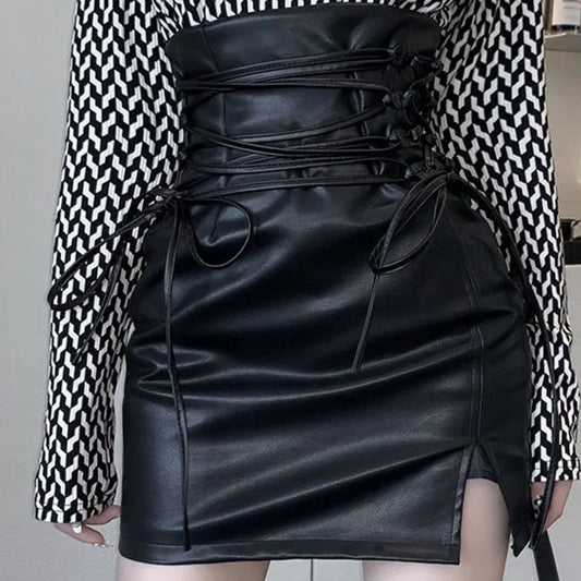 Black Leather Mini Skirts Women Gothic High Waist Slim Fit Lace Up Pencil Skirt Female Sexy Club Back Zipper Split Bag Hip Skirt