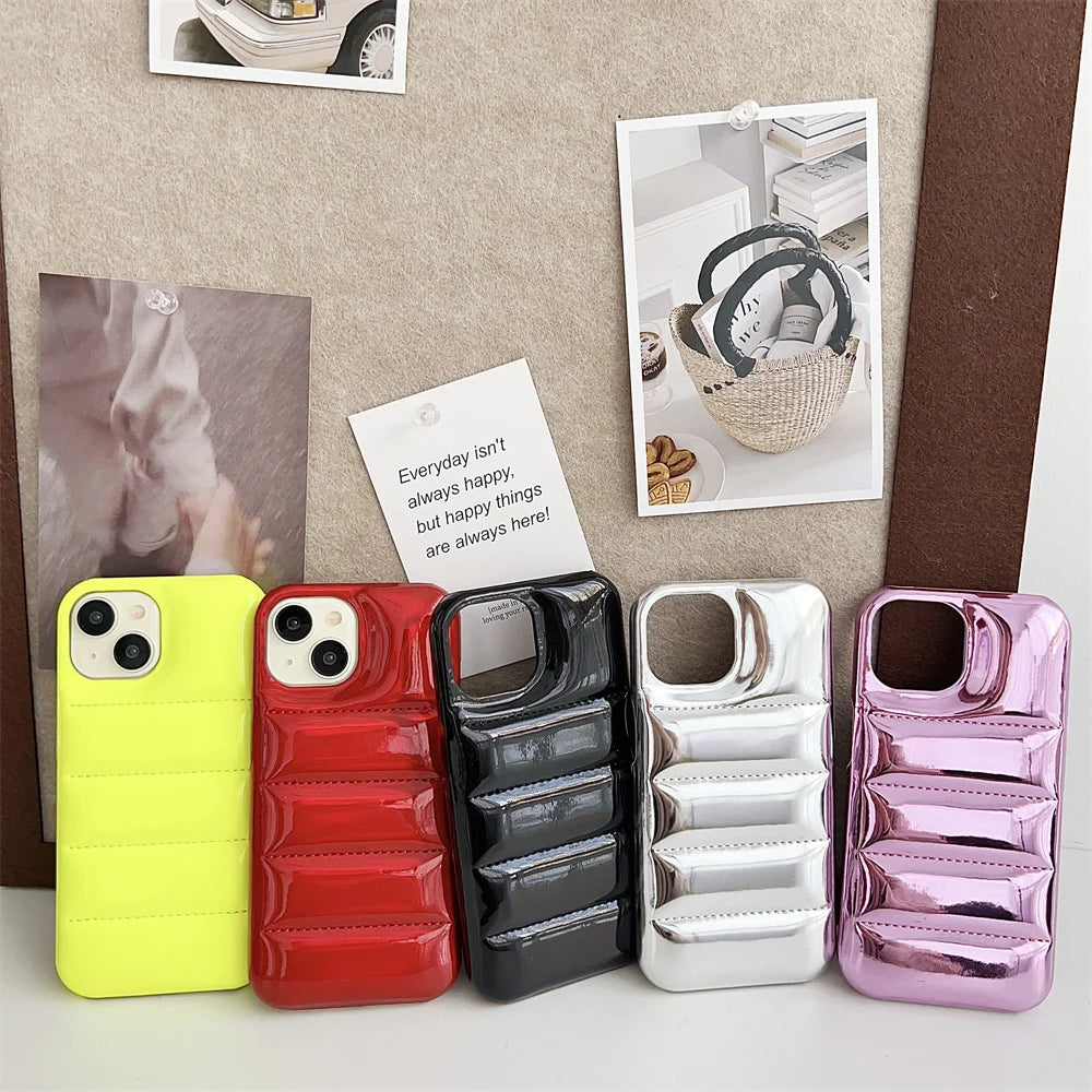 Luxury Down Jacket Aurora Phone Case For iPhone 16 15 14 13 12 Pro Max Plus 11 16 Glossy Laser Skin Feel Soft Shockproof Cover