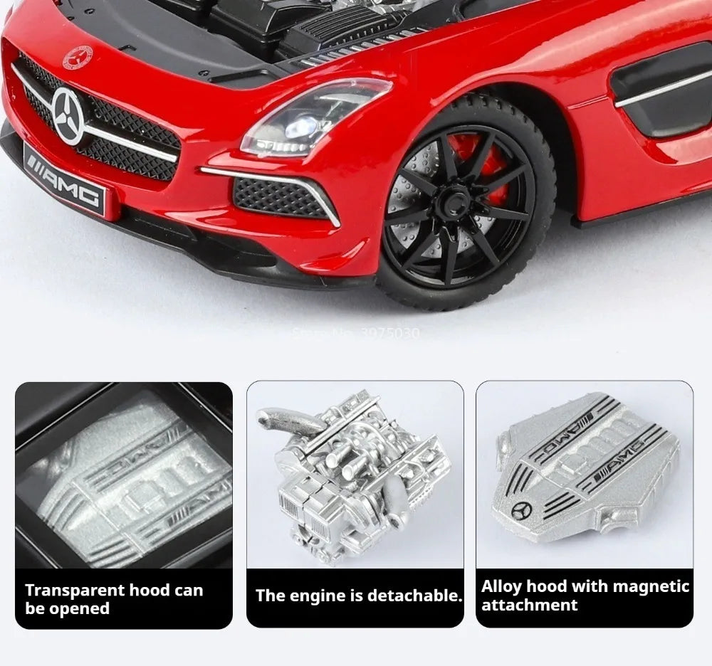 Benz SLS 1:24 Model Car Alloy Diecasting Wheel Steering Miniature Vehicles with Light Music Model Car Gifts