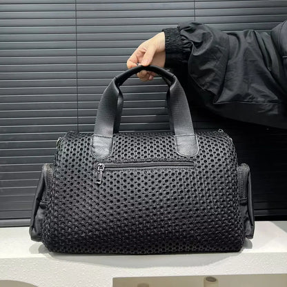 Ladies' fashionable mesh splicing casual handbag with multiple pockets, teddy bear doll, single shoulder diagonal cross bag