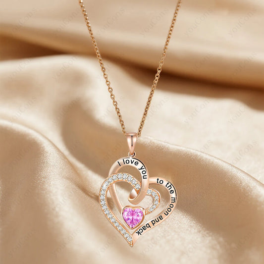 Heart Zircon Pendant Necklace With Pink Rose Bow Gift Box New Set For Girlfriend Wife Christmas Valentine Day Birthday Gift