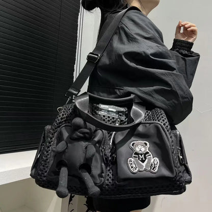 Ladies' fashionable mesh splicing casual handbag with multiple pockets, teddy bear doll, single shoulder diagonal cross bag