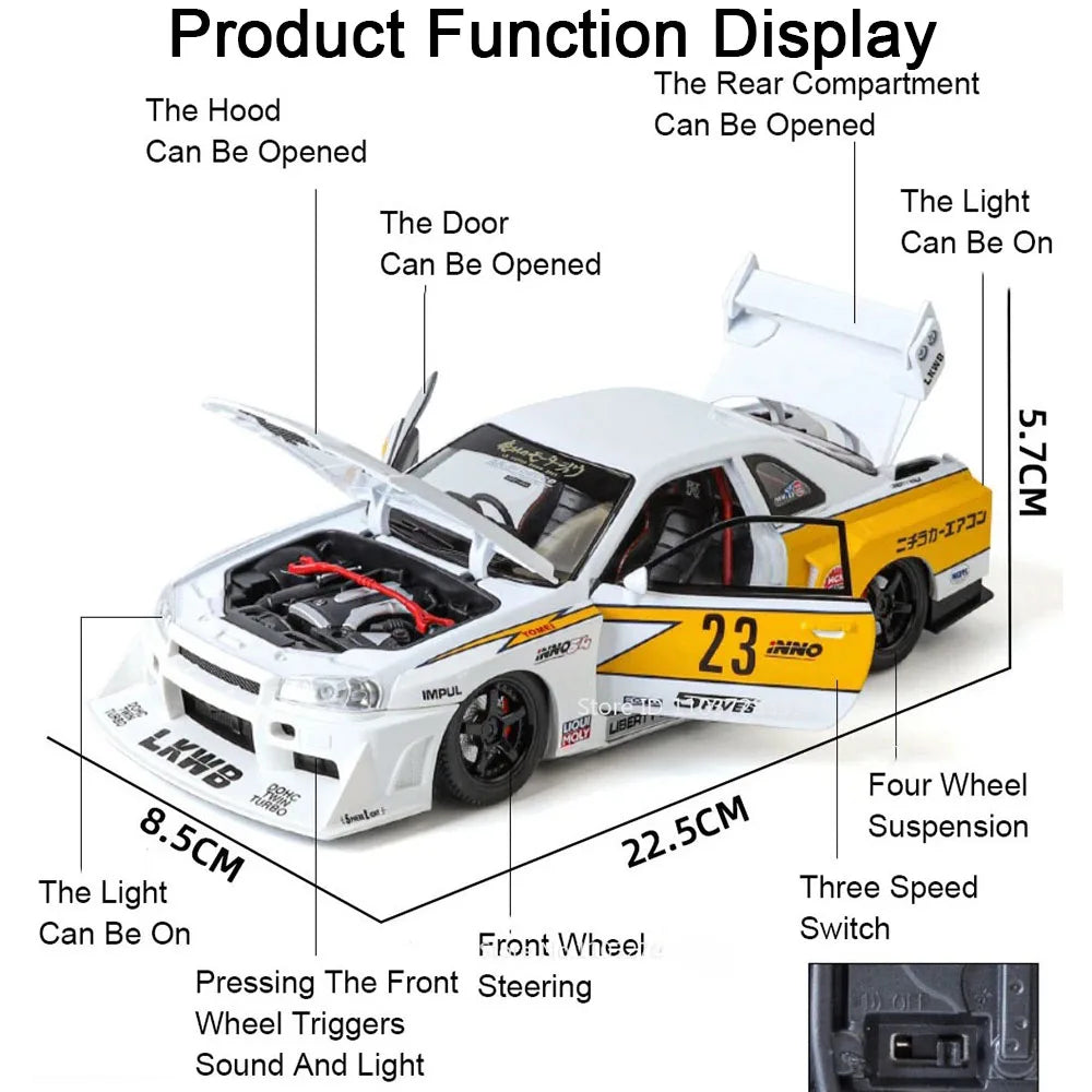 Bugatti Tourbillon, Nissan Skyline GTR, Model Sports 1:24 Car Alloy Diecast Sound Light Doors Opened Shock Absorption Ornament Supercar Toys Gift