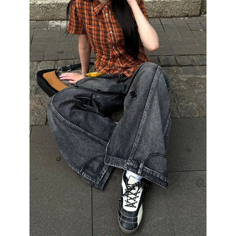 Black Jeans Women Vintage High Waisted Cargo Jeans Straight Summer Casual Loose Big Size Wide Leg Denim Baggy Pants Y2K