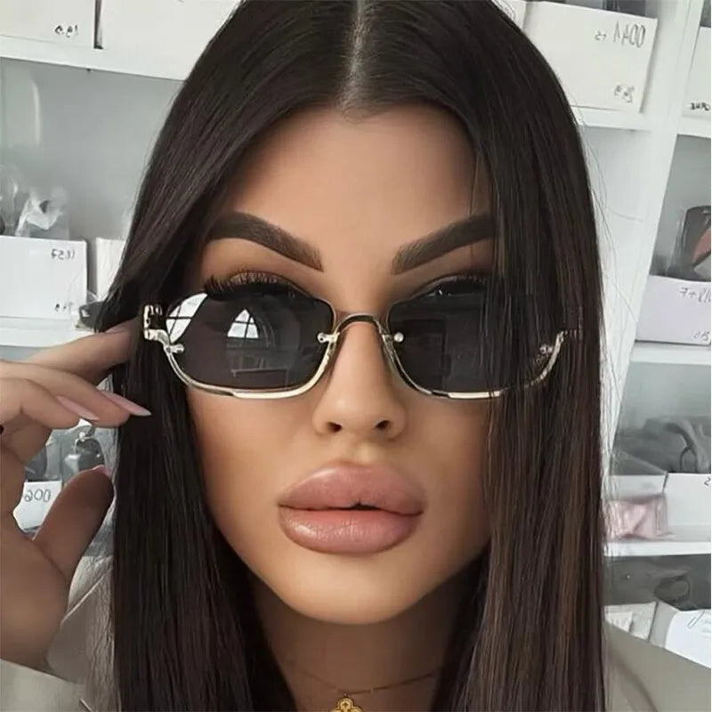 Luxury Brand Designer Half-Rim Rectangular Sunglasses Women Vintage Small Frame Sun Glasses Ladies Geometric Square Eyewear