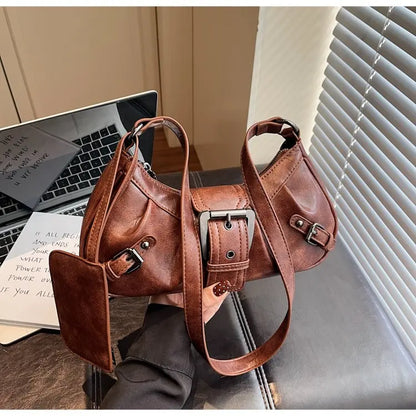 Shoulder Bags Y2K Retro Style Shoulder Bag, Maillard Pleated Rivet Armpit Bag, Fashionable Ladies Cool Leather Shoulder Bag
