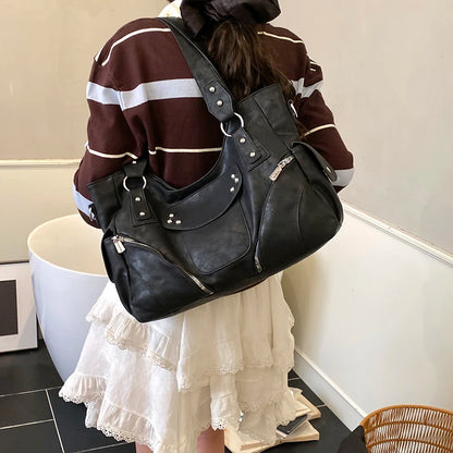 PU Solid Color Rivet Zipper Casual Tote 2026 High Quality Light Luxury Versatile Bags Motorcycle Style Fashion Cool Shoulder Bag
