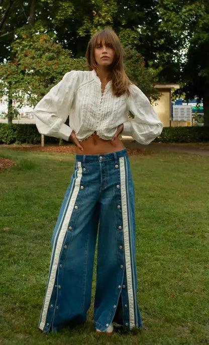 New European American Fashionable, Retro and Individuality Wide-leg Floor-length Denim Trousers with A Slit and Two-tone Design