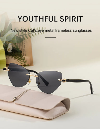 Sexy Cat Eye Punk Rimless Sunglasses Women Luxury Brand Retro Steampunk Polygon Sun Glasses For Ladies Fashion Shades UV400